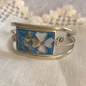 Vintage Stamped Taxco Mexico Blue and Gold Floral Abalone Inlay Silver Bracelet